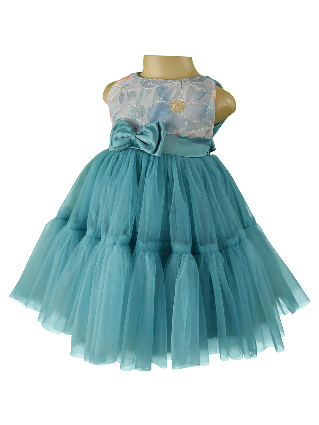 Girls Party Dress_Faye Aegean Teal Embroidered Tiered Dress