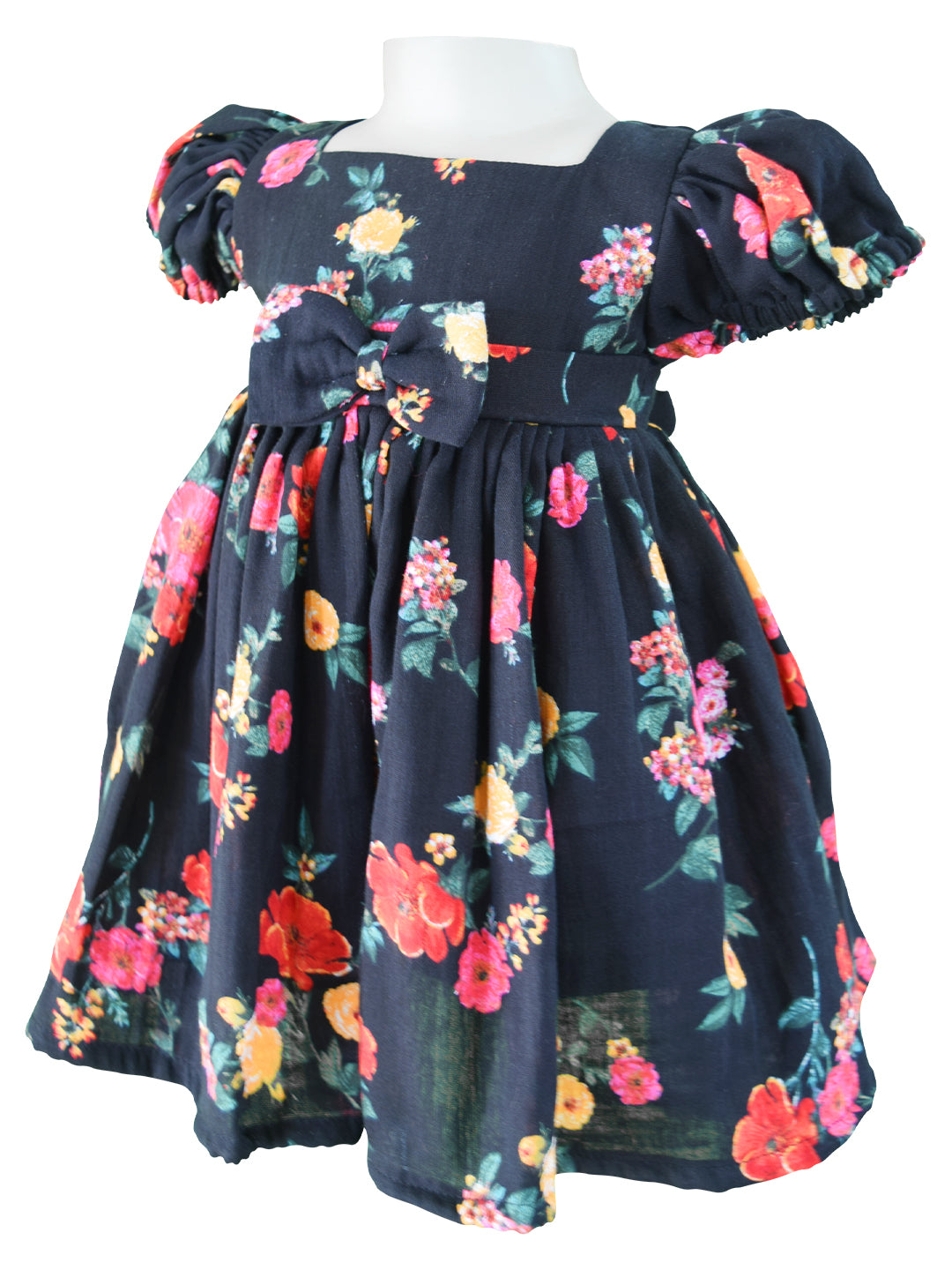 Faye Black Floral Puff Sleeve Dress for Kids
