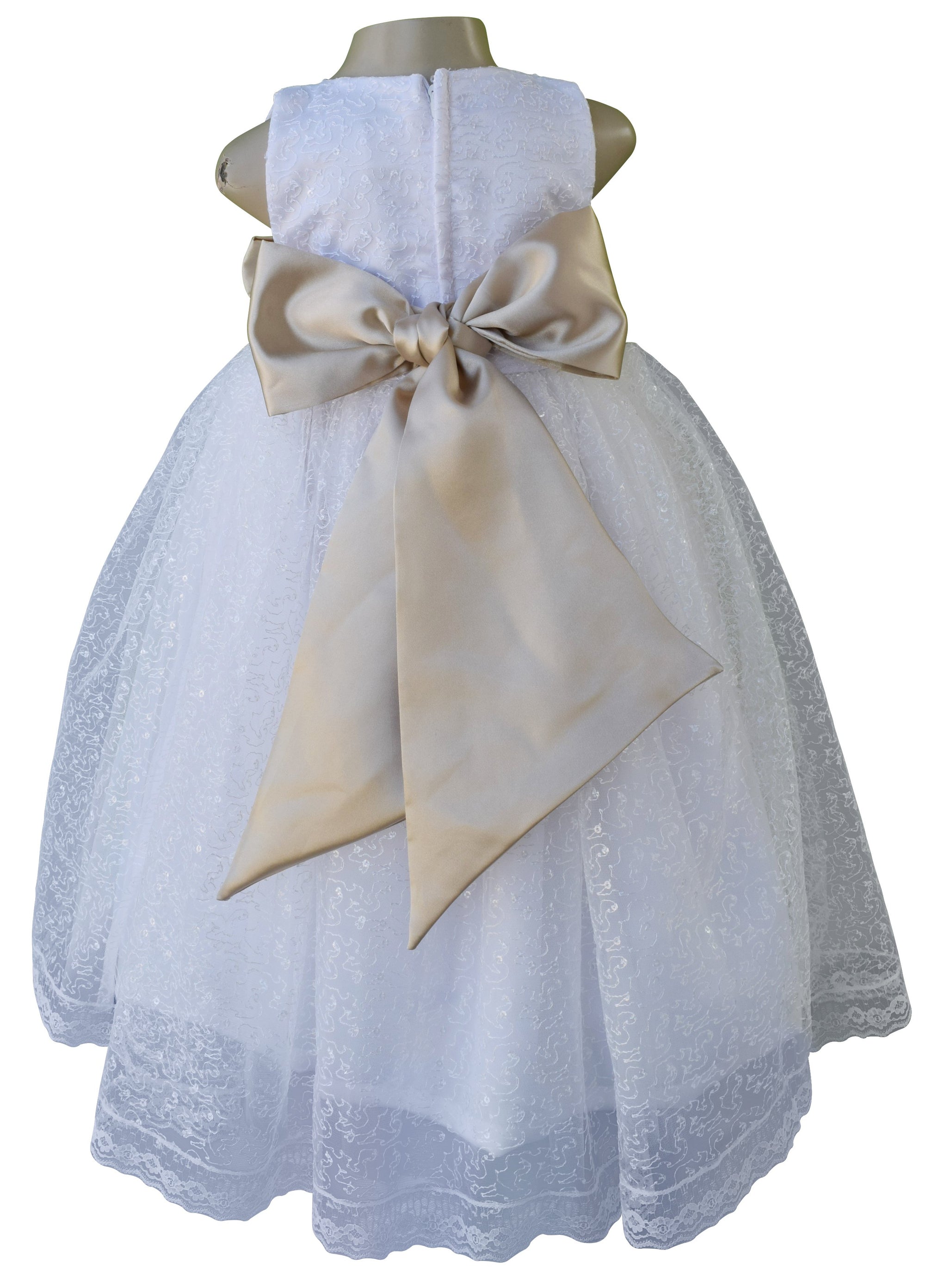Faye White Embroidered Gown with Champagne Bow & Sash