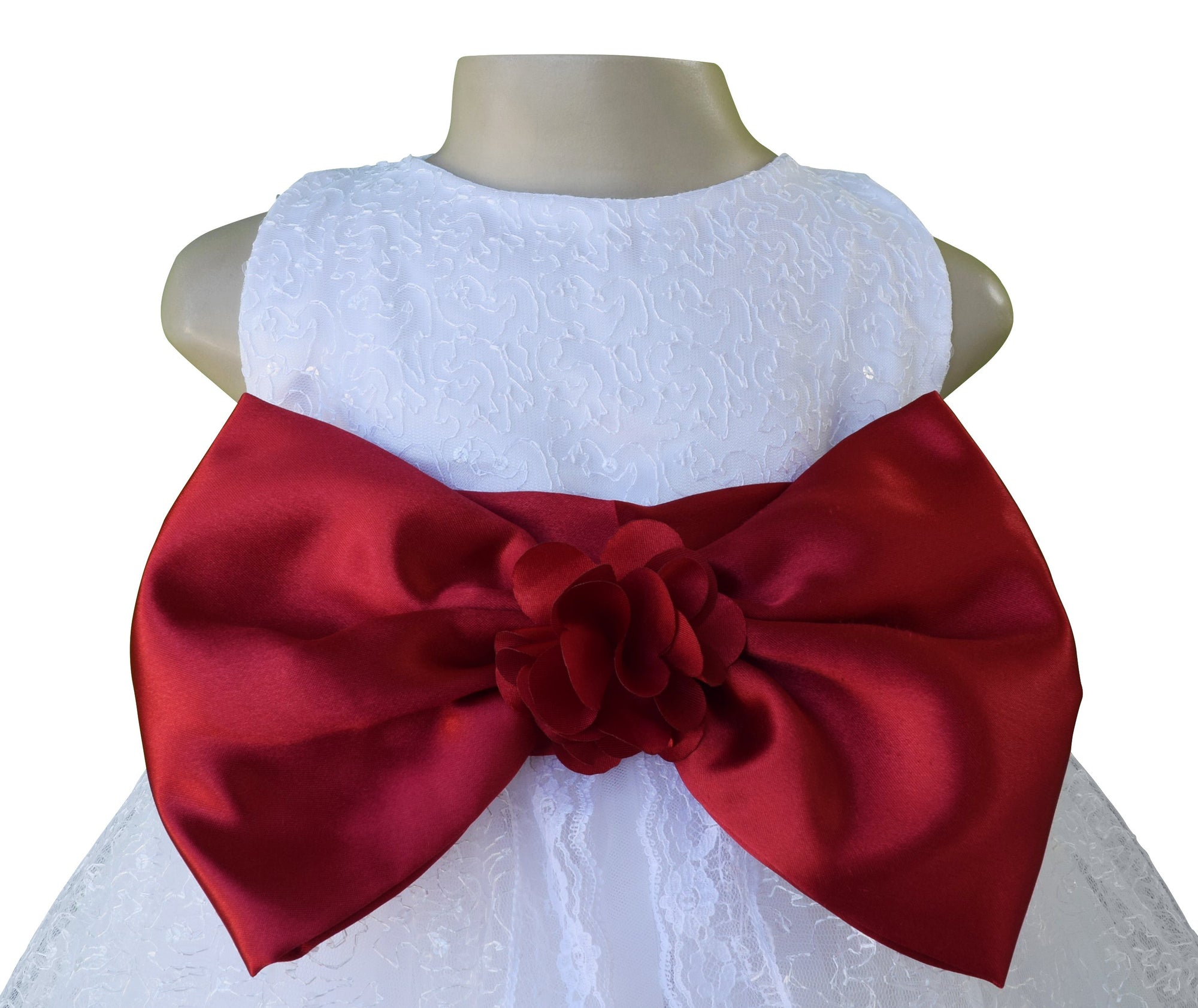 Faye White Embroidered Gown with Maroon Bow & Sash