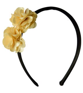 Kids Hair Band with Two Gold coloured Satin flowers on Black Satin 
