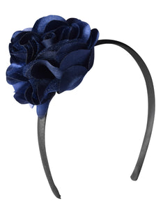 Kids Hairband with Navy Blue Big Flower on Black Satin