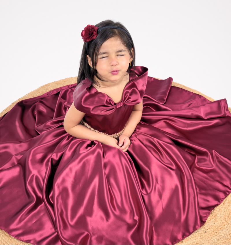 Faye Maroon Bow Neck Satin Gown for little girls