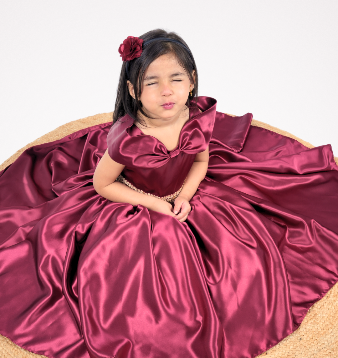 Faye Maroon Bow Neck Satin Gown for little girls