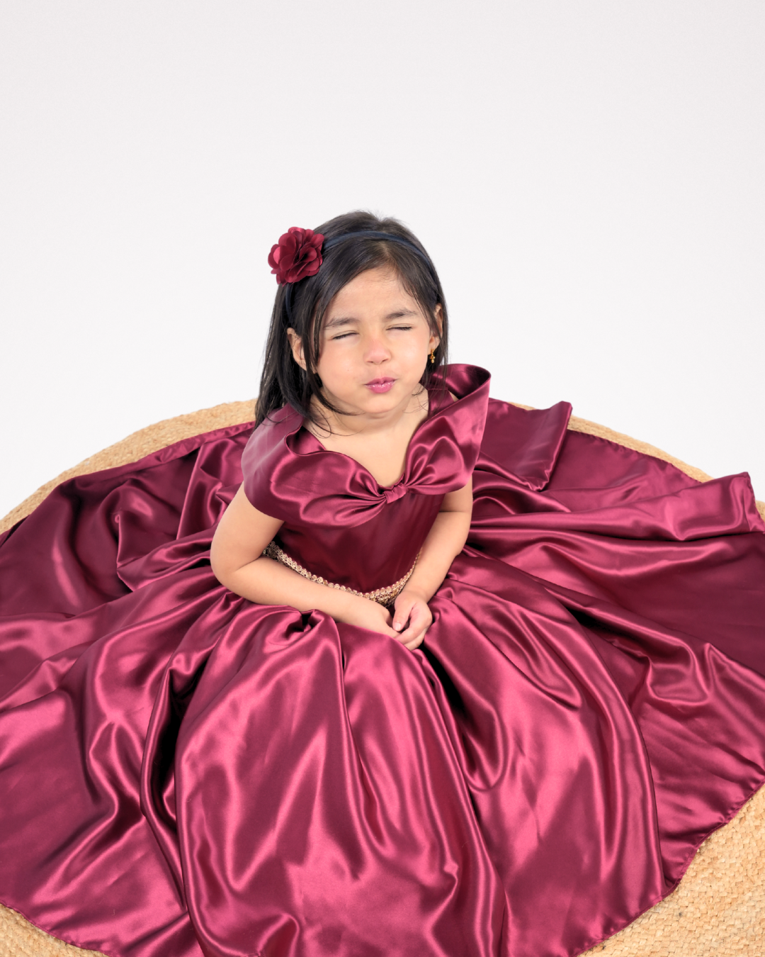 Faye Maroon Bow Neck Satin Gown for little girls