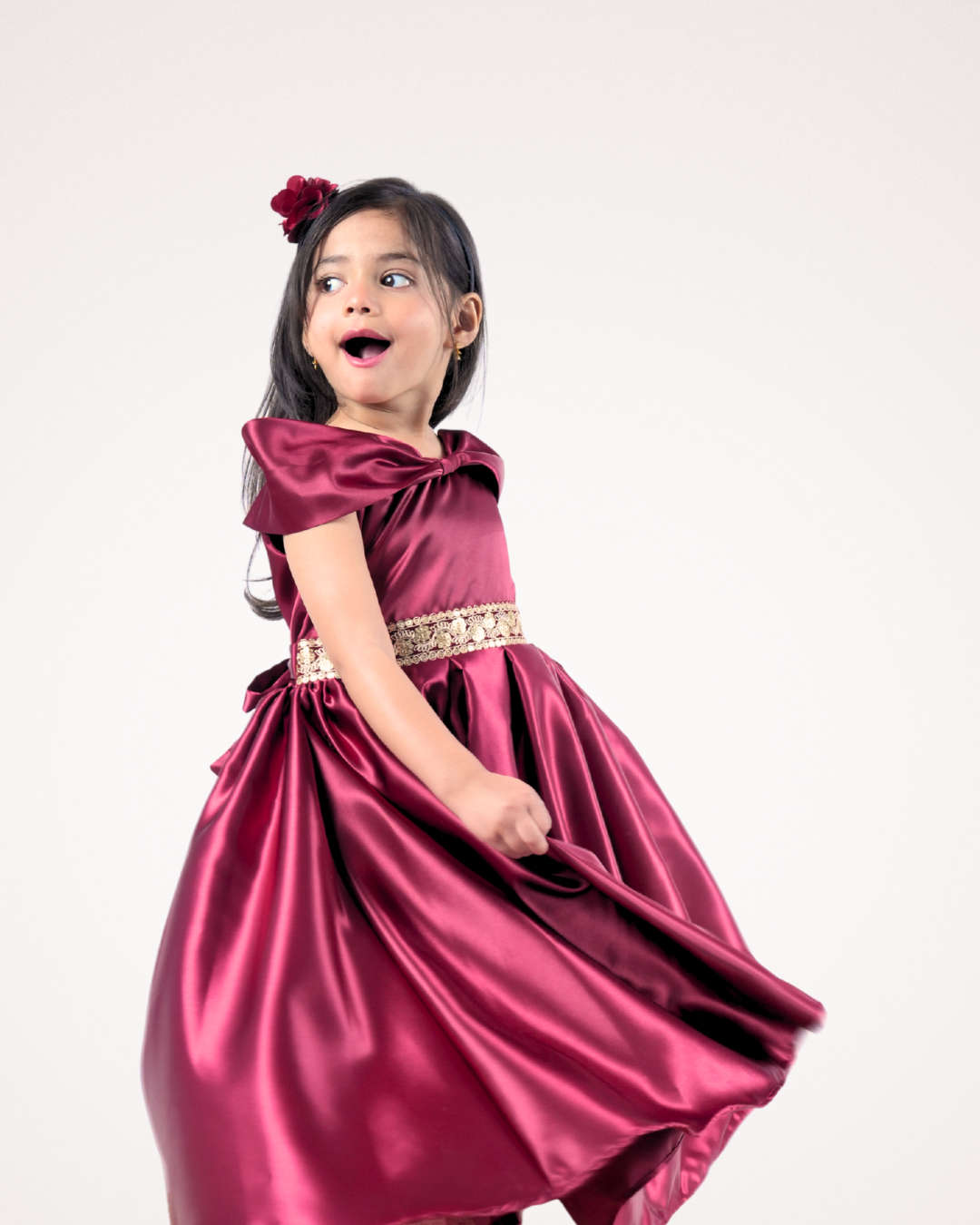 Faye Maroon Bow Neck Satin Gown for little girls