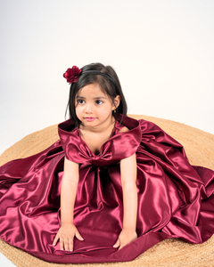 Faye Maroon Bow Neck Satin Gown for little girls