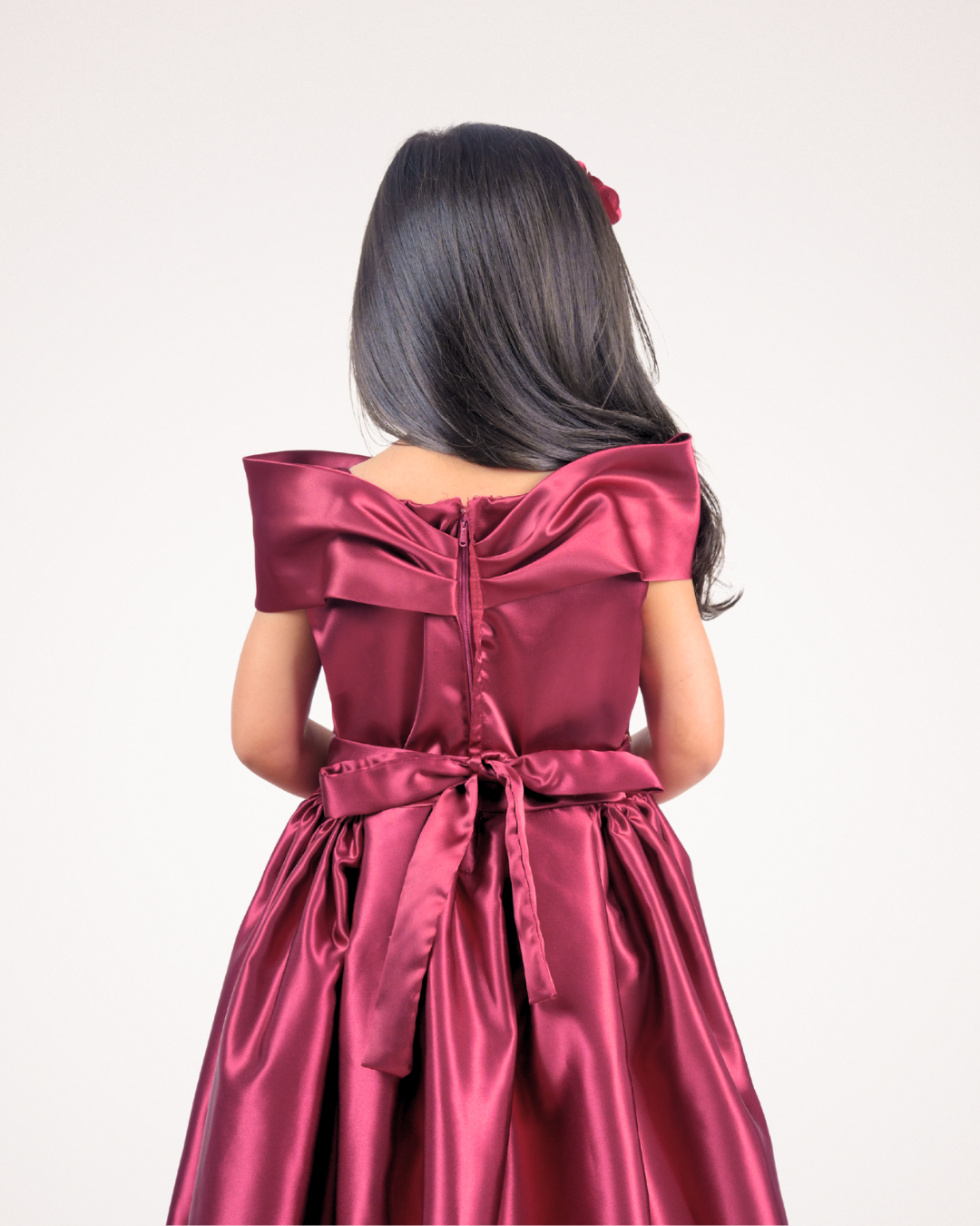 Faye Maroon Bow Neck Satin Gown for little girls