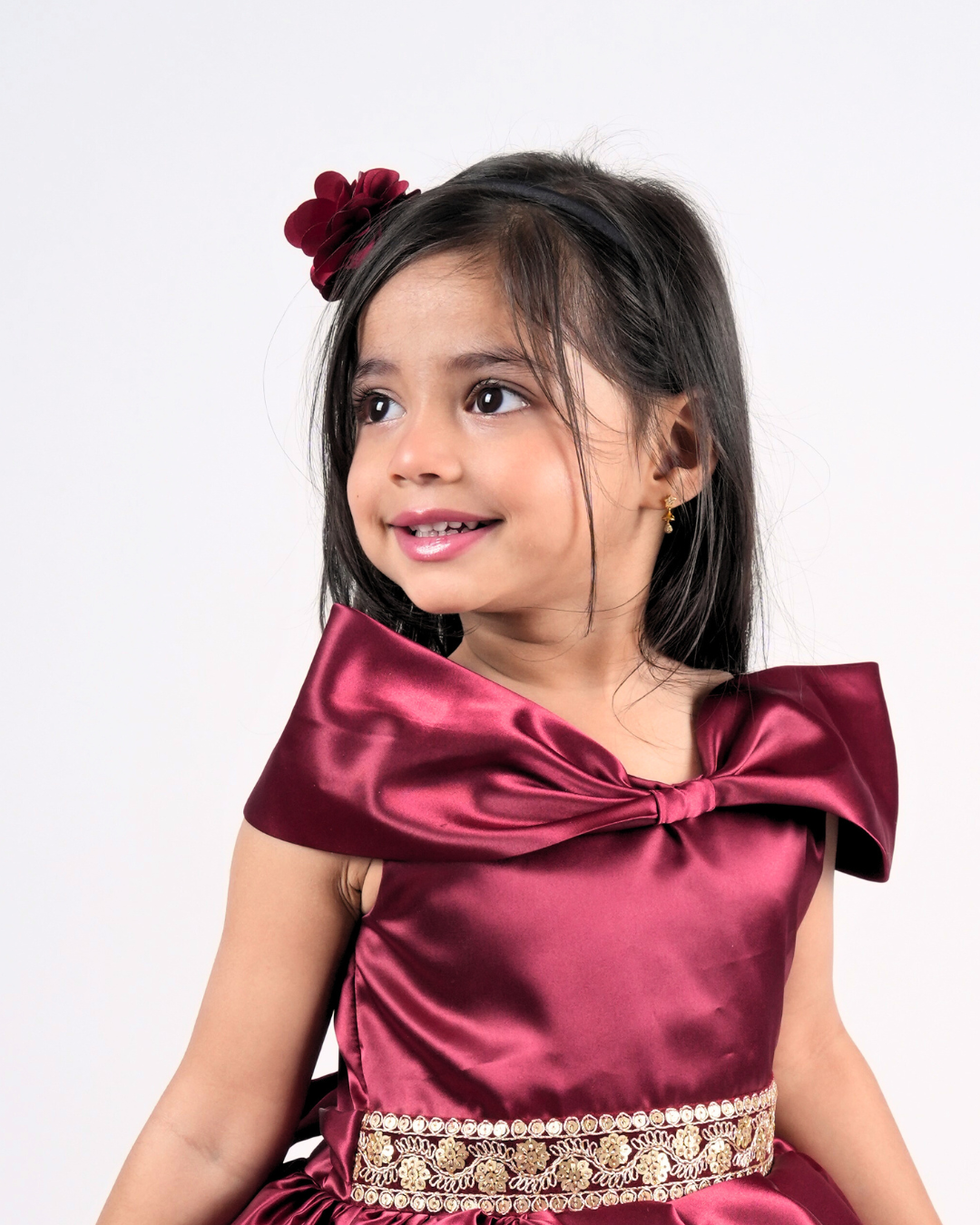 Faye Maroon Bow Neck Satin Gown for little girls
