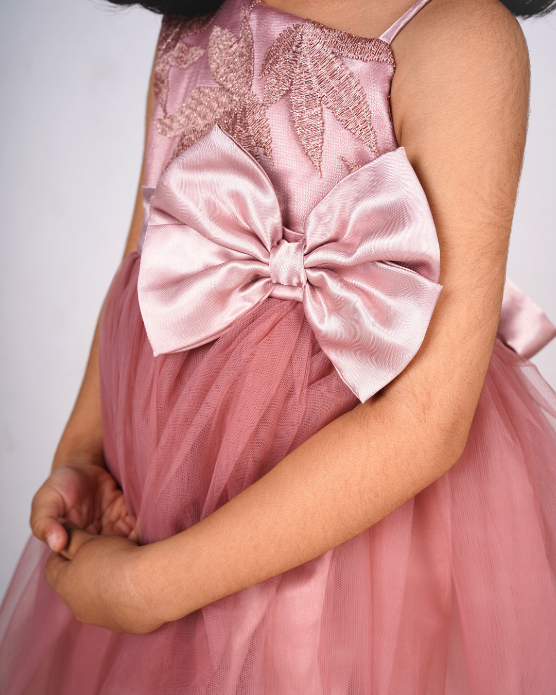 Faye Dark Blush Embroidered Hi-lo Dress with an oversized bow