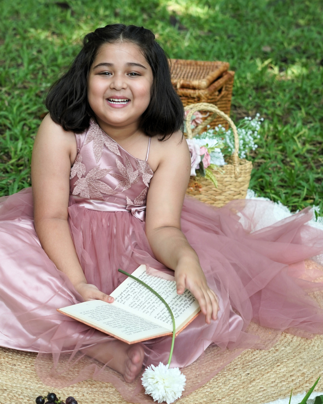 Faye Dark Blush Embroidered Hi-lo Dress with an oversized bow