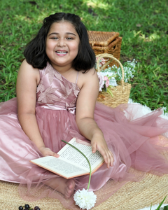 Faye Dark Blush Embroidered Hi-lo Dress with an oversized bow