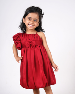 Faye Maroon Puffball Dress with asymmetrical sleeves and a balloon hemline.