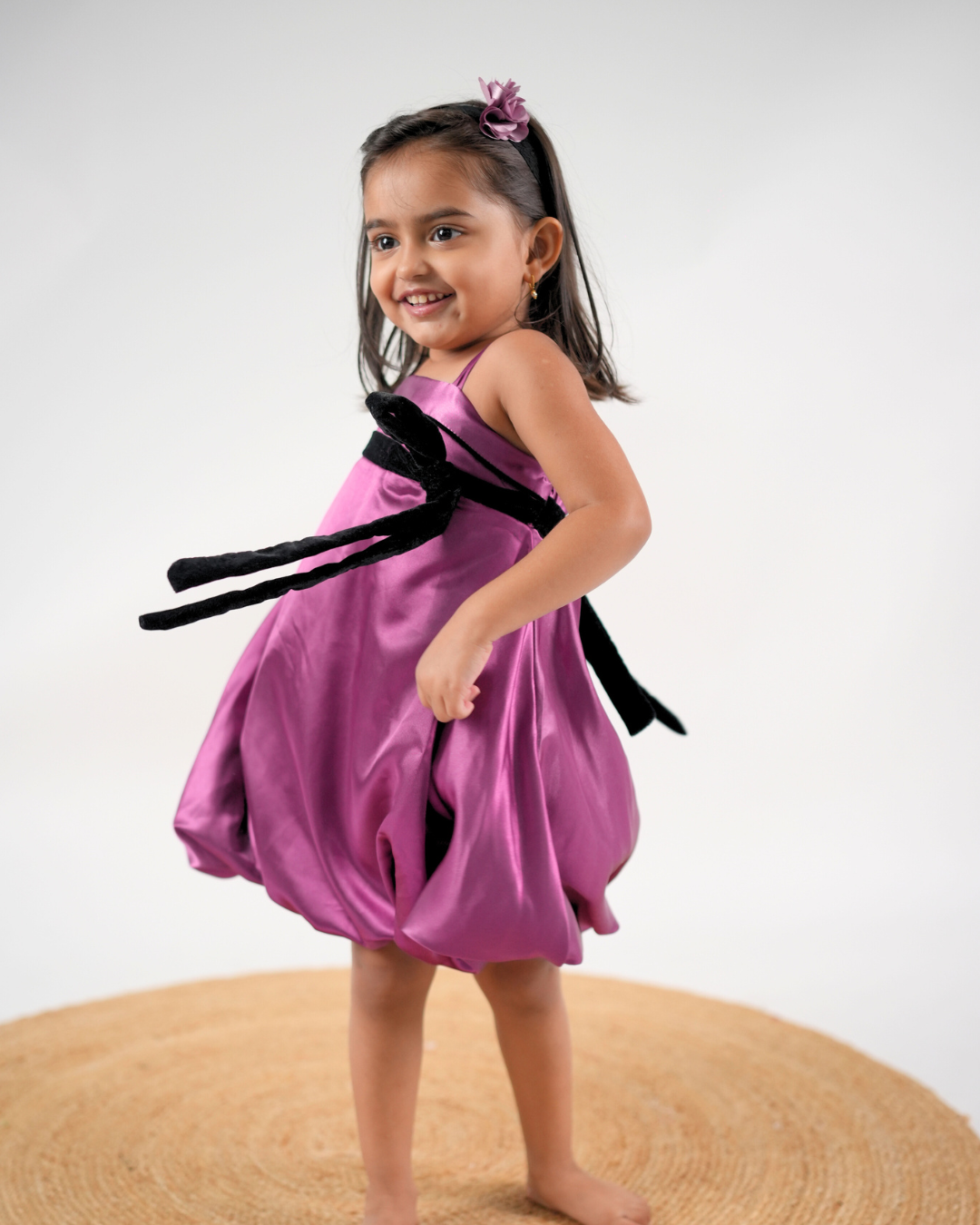  Faye Wine Satin Strappy Dress with a velvet sash and bow