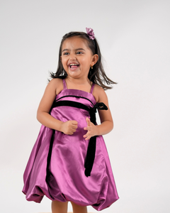  Faye Wine Satin Strappy Dress with a velvet sash and bow