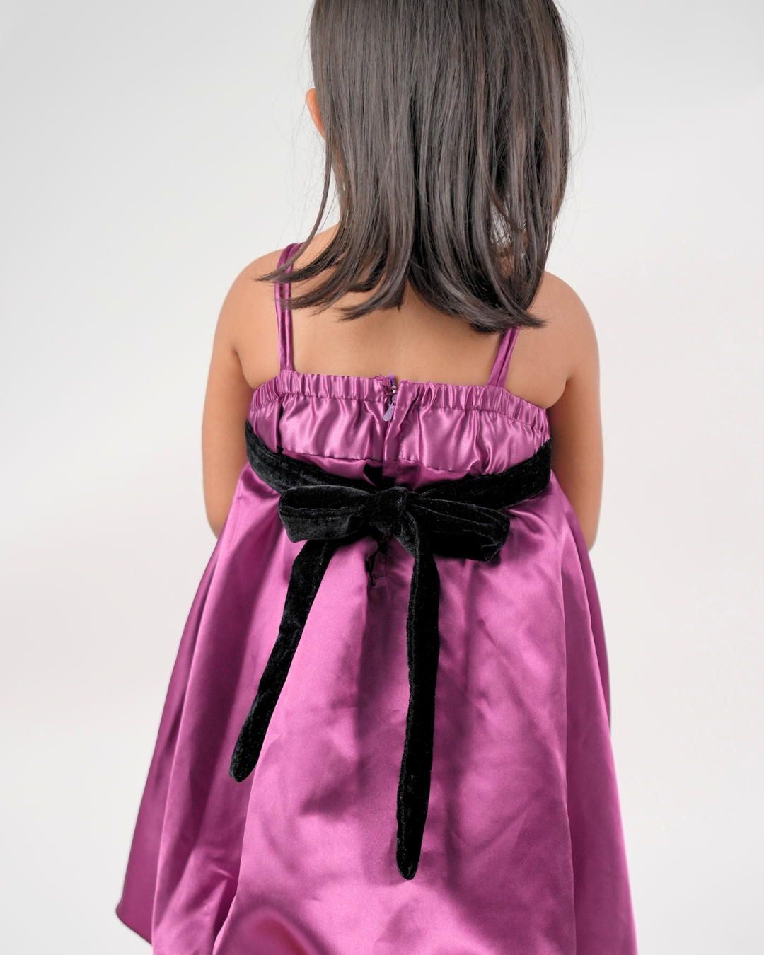Faye Wine Satin Strappy Dress with a velvet sash and bow