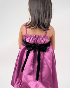 Faye Wine Satin Strappy Dress with a velvet sash and bow