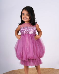 Faye Mauve Lace Balloon Net Dress with an embroidered bodice.