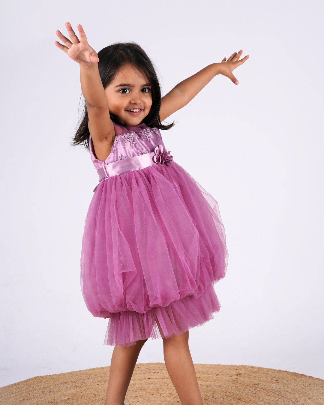 Faye Mauve Lace Balloon Net Dress with an embroidered bodice.