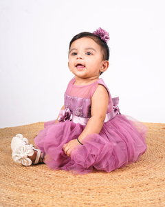 Faye Mauve Lace Balloon Net Dress with an embroidered bodice.