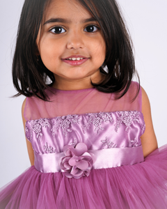 Faye Mauve Lace Balloon Net Dress with an embroidered bodice.