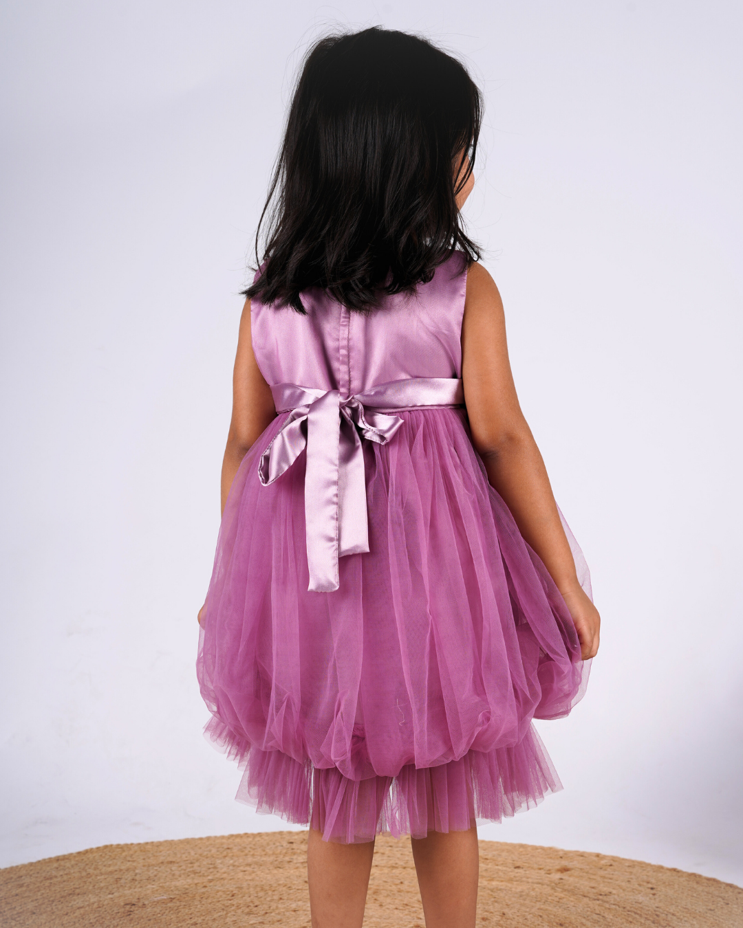 Faye Mauve Lace Balloon Net Dress with an embroidered bodice.