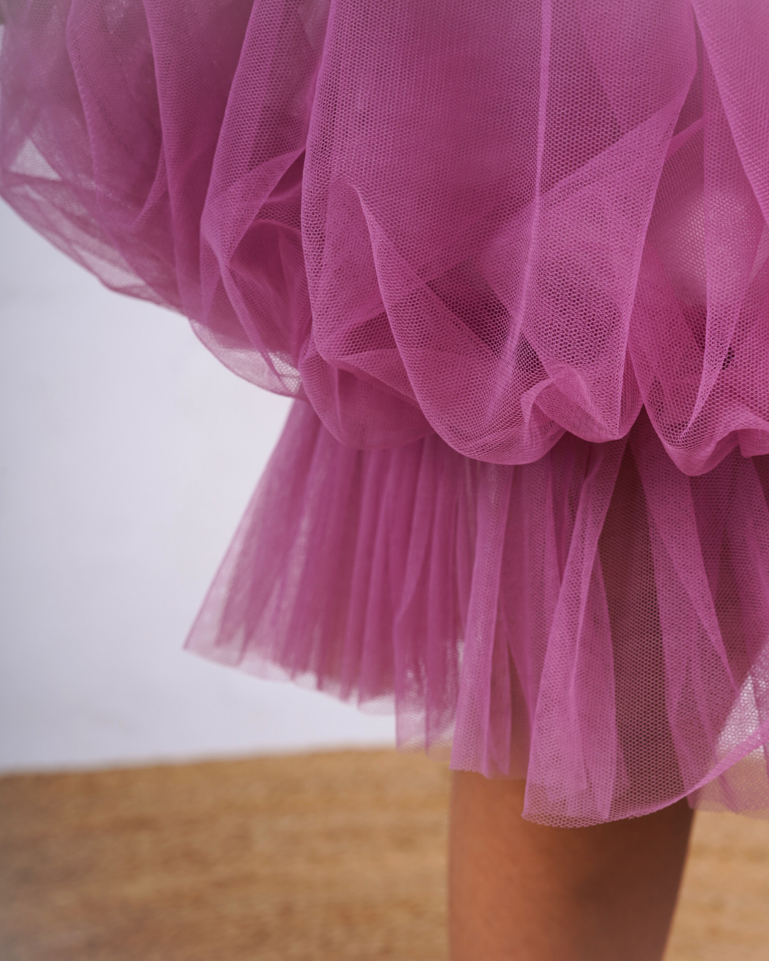 Faye Mauve Lace Balloon Net Dress with an embroidered bodice.