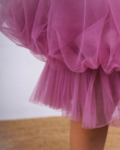 Faye Mauve Lace Balloon Net Dress with an embroidered bodice.