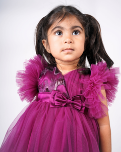 Faye Wine Sequence V-Neck Dress with ruffle sleeves