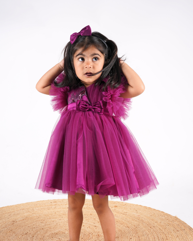 Faye Wine Sequence V-Neck Dress with ruffle sleeves