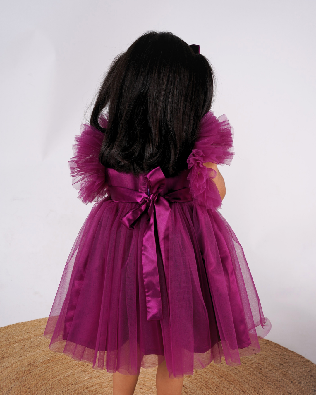 Faye Wine Sequence V-Neck Dress with ruffle sleeves