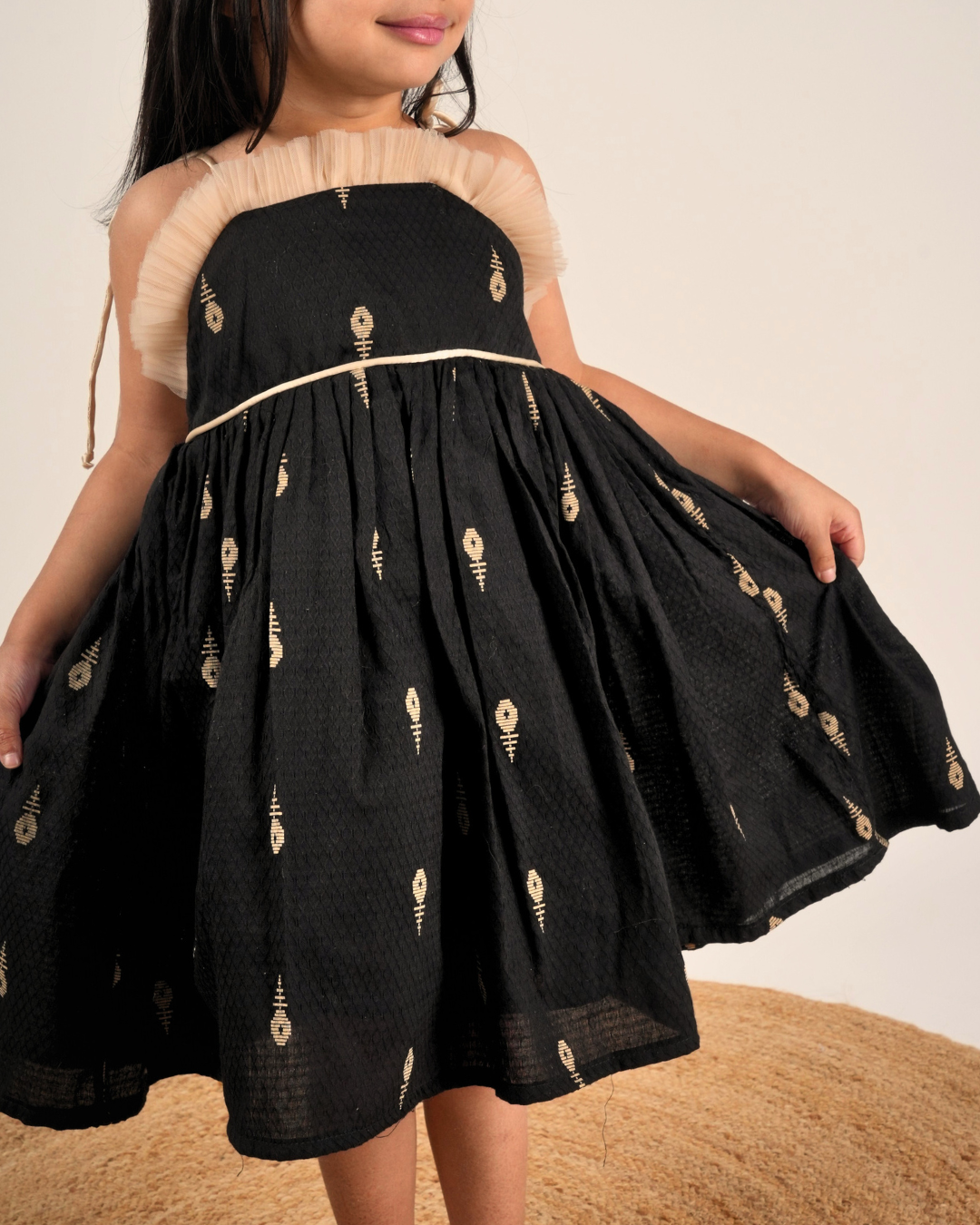 Faye Black & Champagne Strappy Dress with net ruching