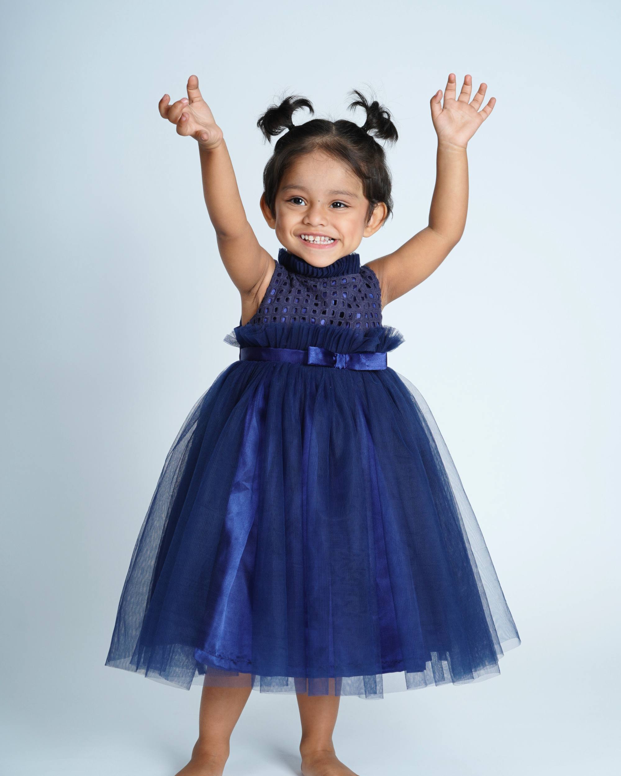 Faye Navy High Ruffled Neck Dress_Party Dresses