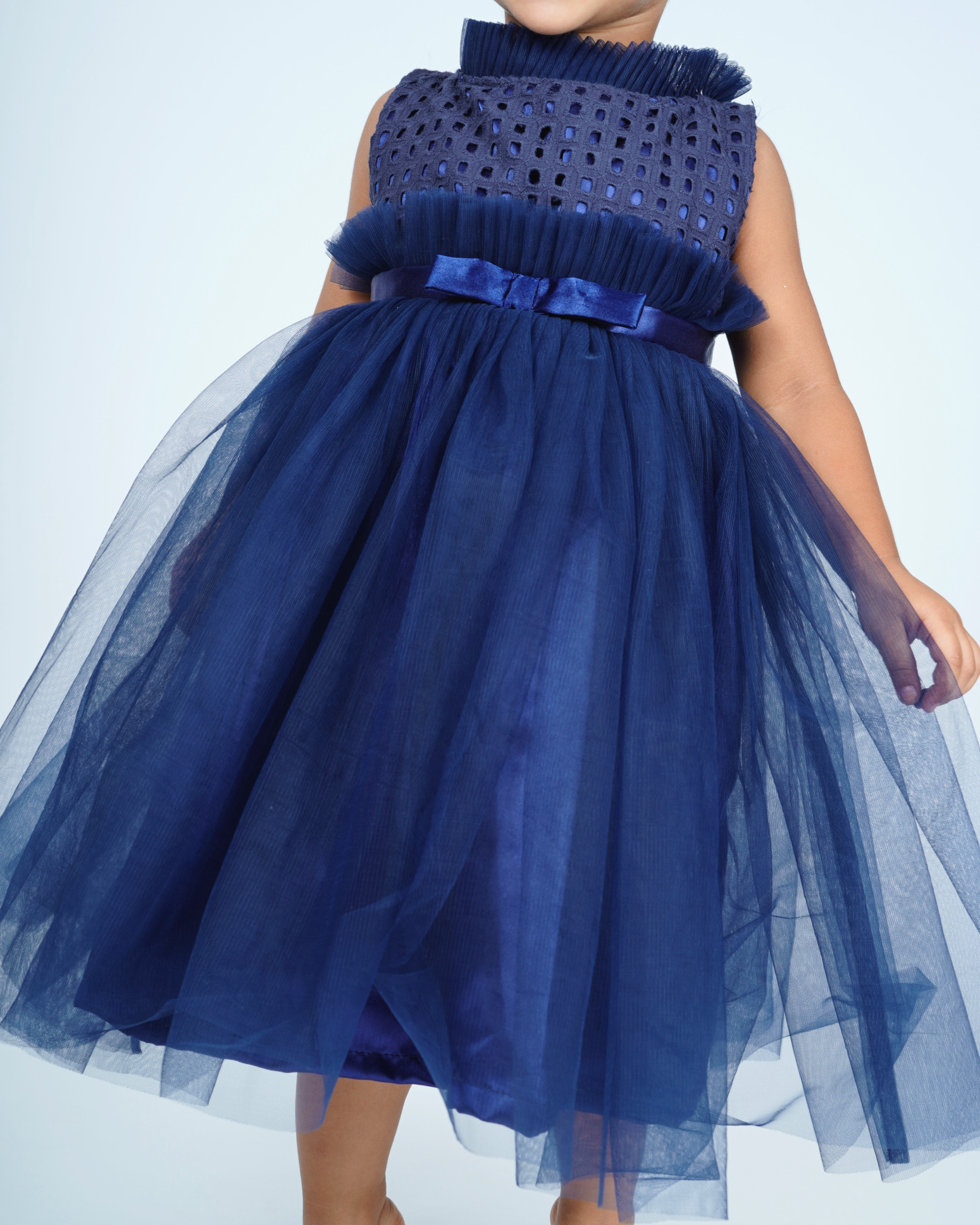 Faye Navy High Ruffled Neck Dress_Party Dresses