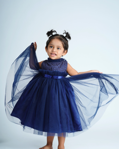 Faye Navy High Ruffled Neck Dress_Party Dresses