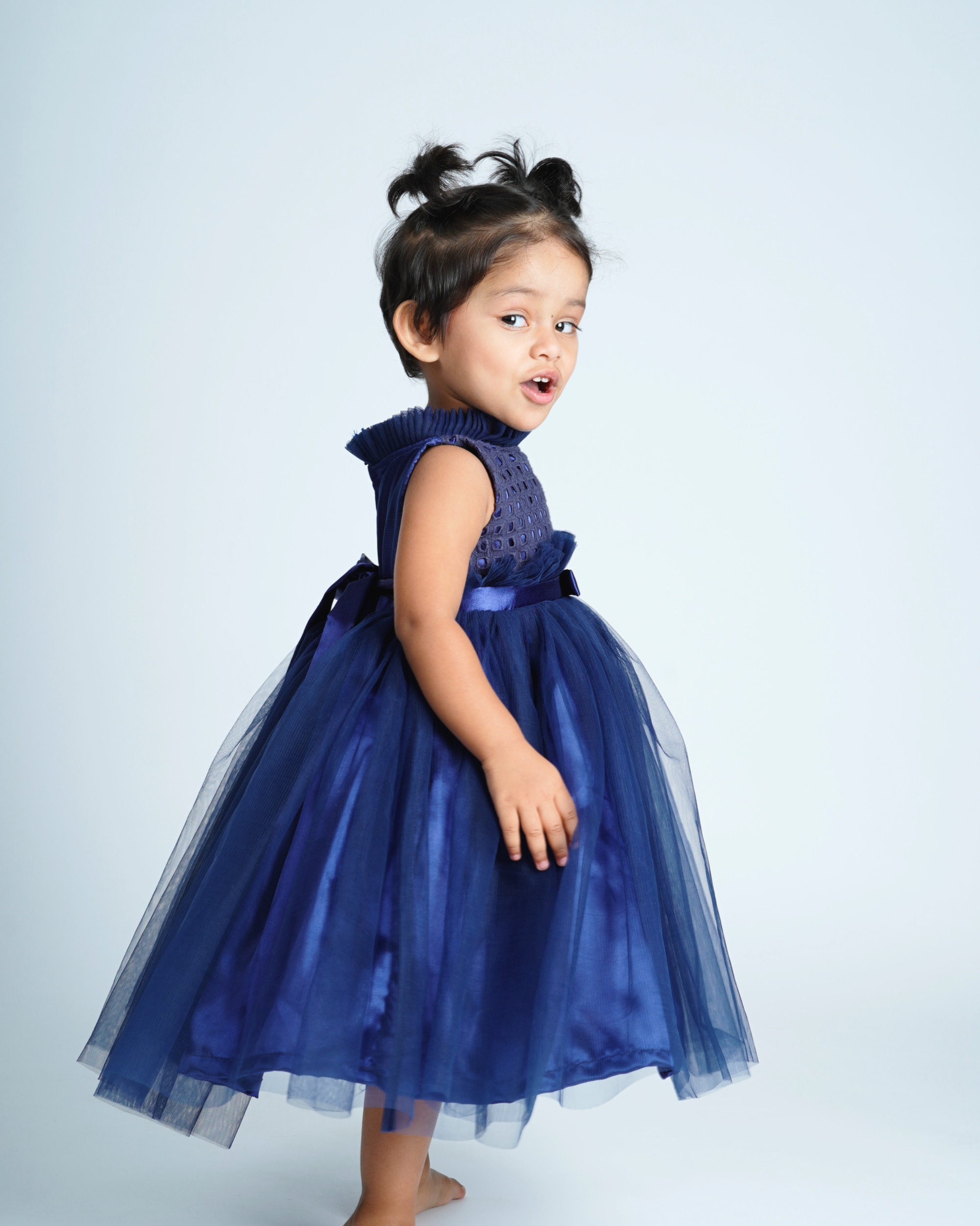 Faye Navy High Ruffled Neck Dress_Party Dresses