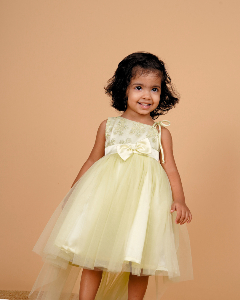 Faye Lime Yellow Embroidered Hi-lo Dress for little girls, Bangalore, online