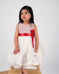 Faye Red & Cream Lace Dress with vertical bow

