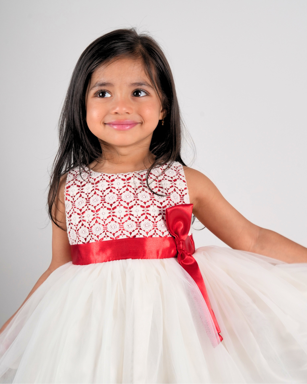 Faye Red & Cream Lace Dress with vertical bow
