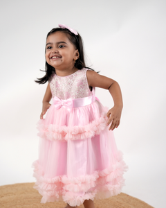 Faye Pink Jacquard Tiered Dress with ruffles and a bow
