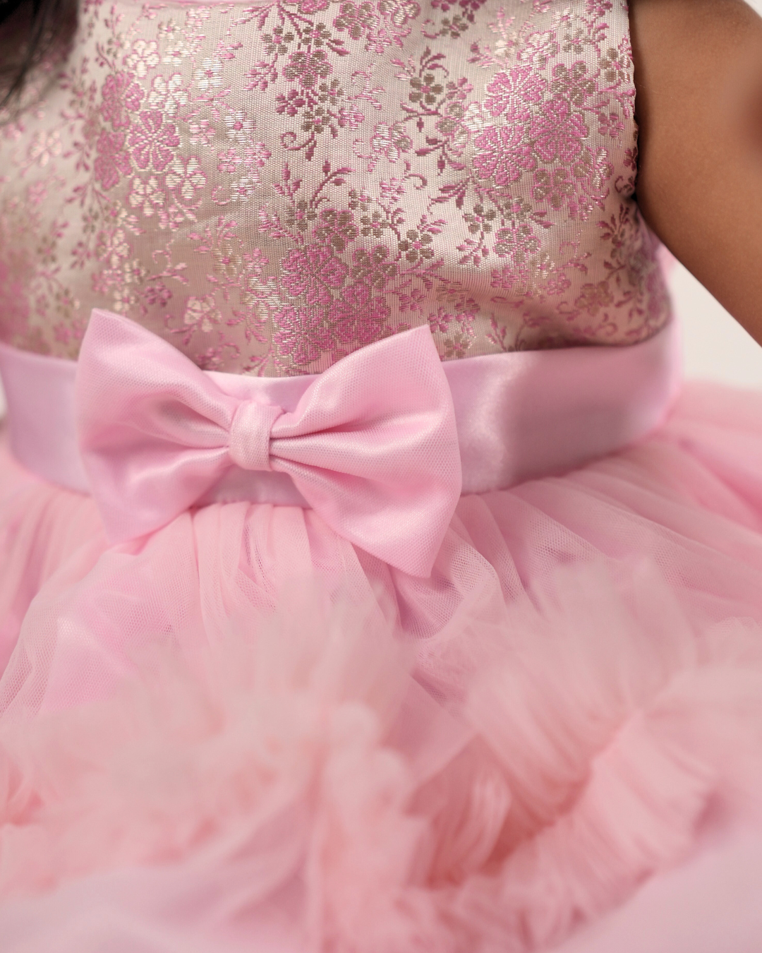 Faye Pink Jacquard Tiered Dress with ruffles and a bow