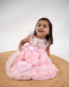 Faye Pink Jacquard Tiered Dress with ruffles and a bow