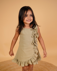 Faye Olive Green A line Frill Dress for little girls, kids casual dresses online