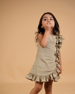 Faye Olive Green A line Frill Dress for little girls, kids casual dresses online