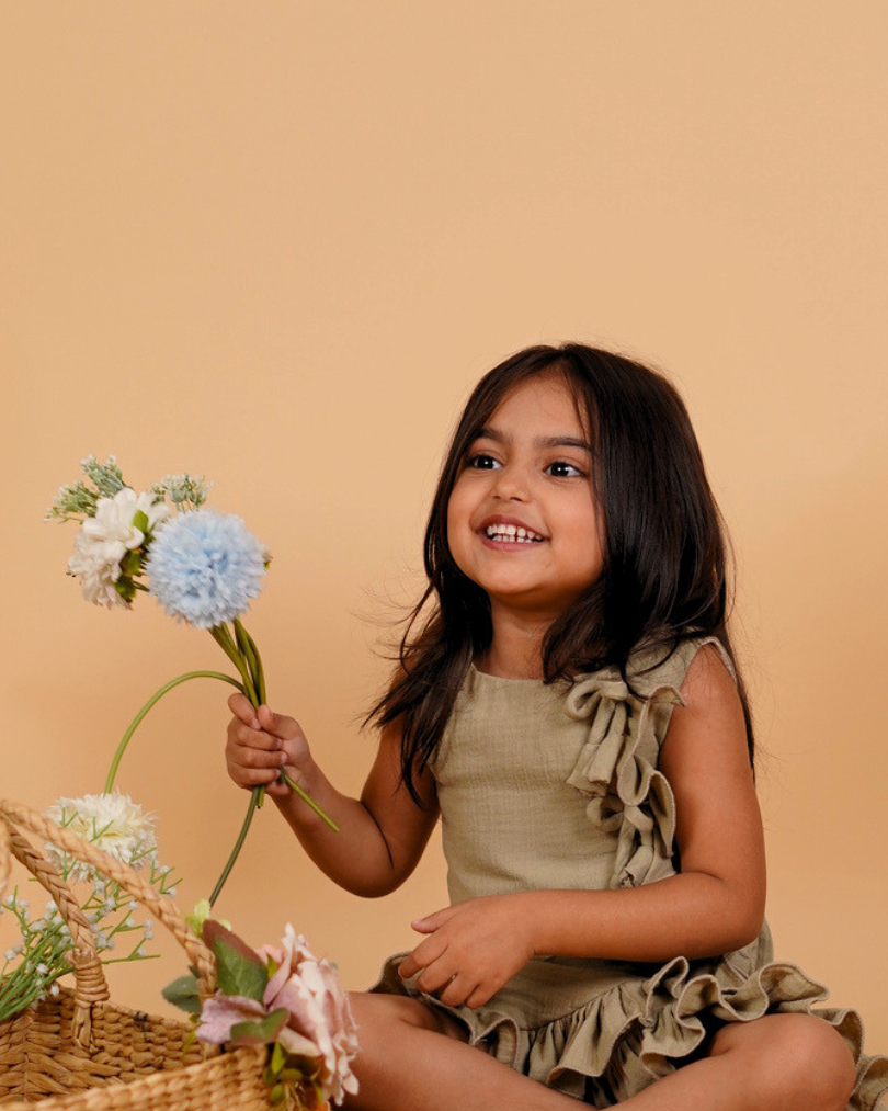 Faye Olive Green A line Frill Dress for little girls, kids casual dresses online