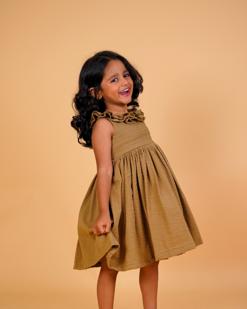 Faye Sage Green Seersucker Ruffle Dress for little girls, online, kids dresses for baby girl