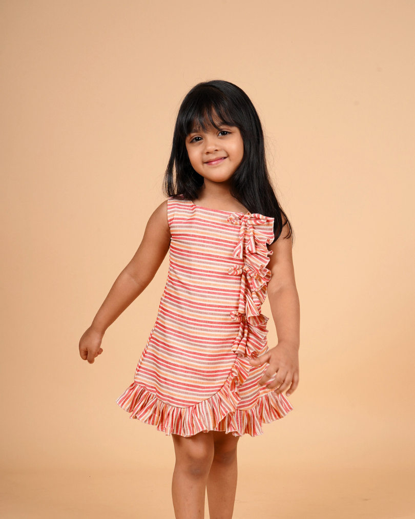 Faye Orange Stripe A-line Frill Dress, casual, soft, cotton dress for little girls, shop online