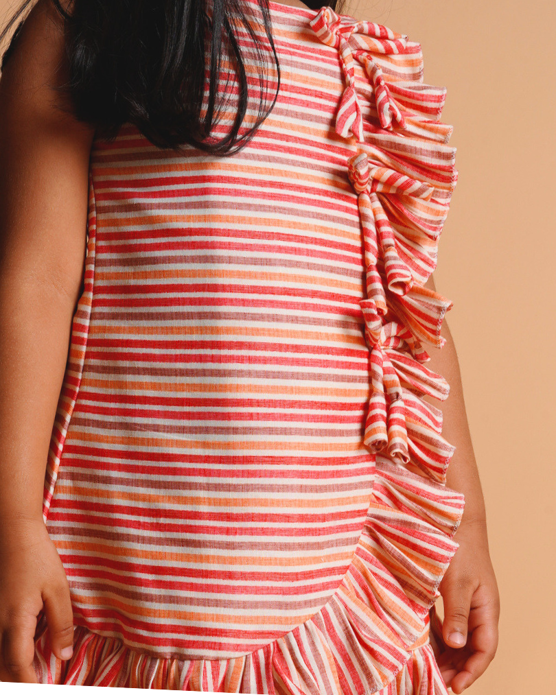 Faye Orange Stripe A-line Frill Dress, casual, soft, cotton dress for little girls, shop online