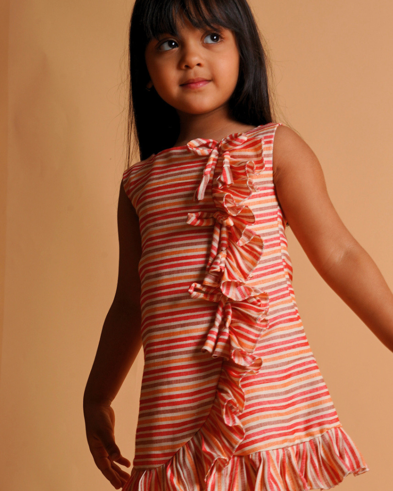 Faye Orange Stripe A-line Frill Dress, casual, soft, cotton dress for little girls, shop online