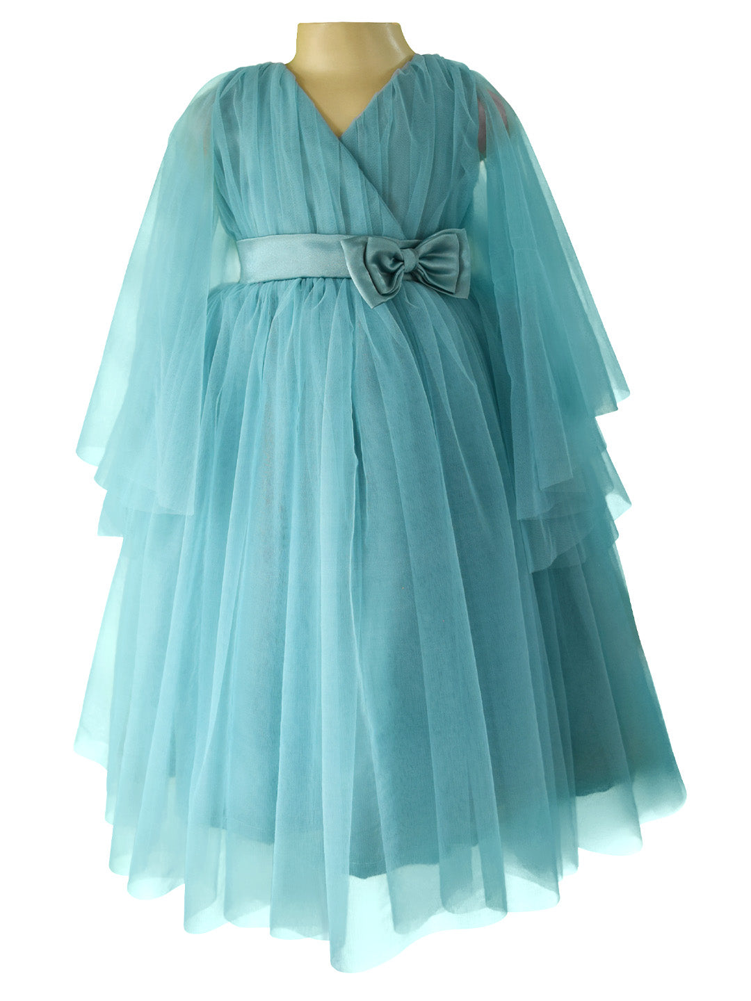 Faye Aegean V-Neck Gown with waterfall sleeves. 